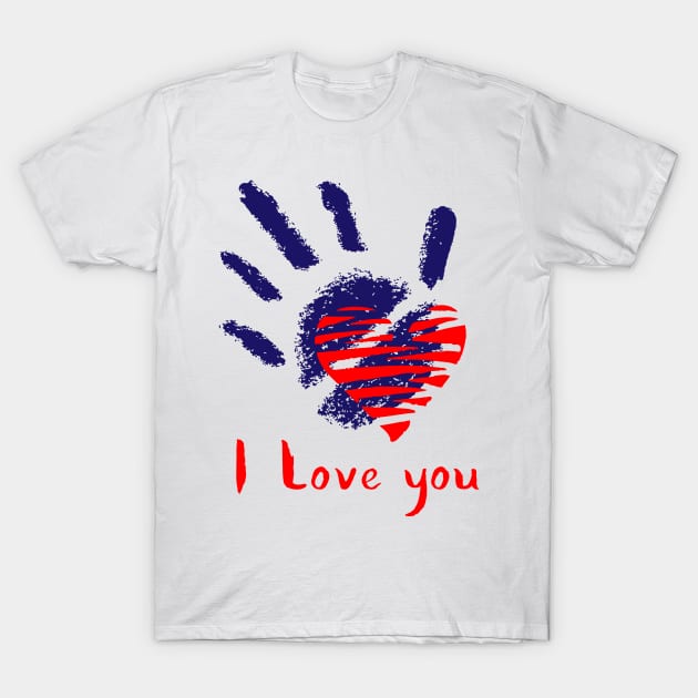 Handprint and Symbol of Red Heart. I Love You Calligraphy T-Shirt by ArchiTania